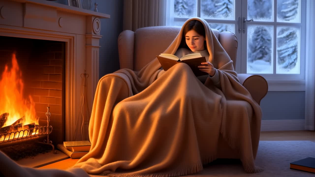 Giovane donna che legge un libro accanto a un accogliente caminetto d'inverno
