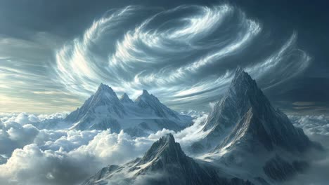 majestic mountain peaks piercing through a dramatic cloudscape