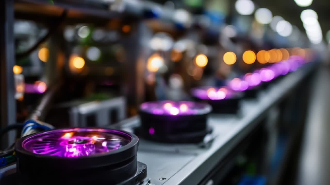 A Close-Up View of an Illuminated Assembly Line with Colorful LED Lights Highlighting the Efficient Operation of Electronic Components in a High-Tech Manufacturing Environment, Showcasing Modern Technology at Work