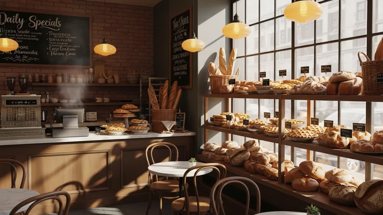A Cozy Bakery Interior Captured in Two Frames Showcasing an Array of Freshly Baked Bread Varieties and a Warm Atmosphere with Inviting Light