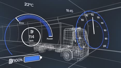 Animation-of-interface-with-charging-battery-icon-and-speedometer-over-truck