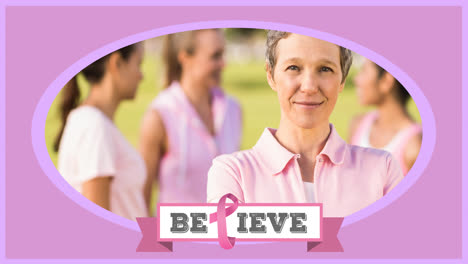animation of pink ribbon logo with believe text over diverse group of women