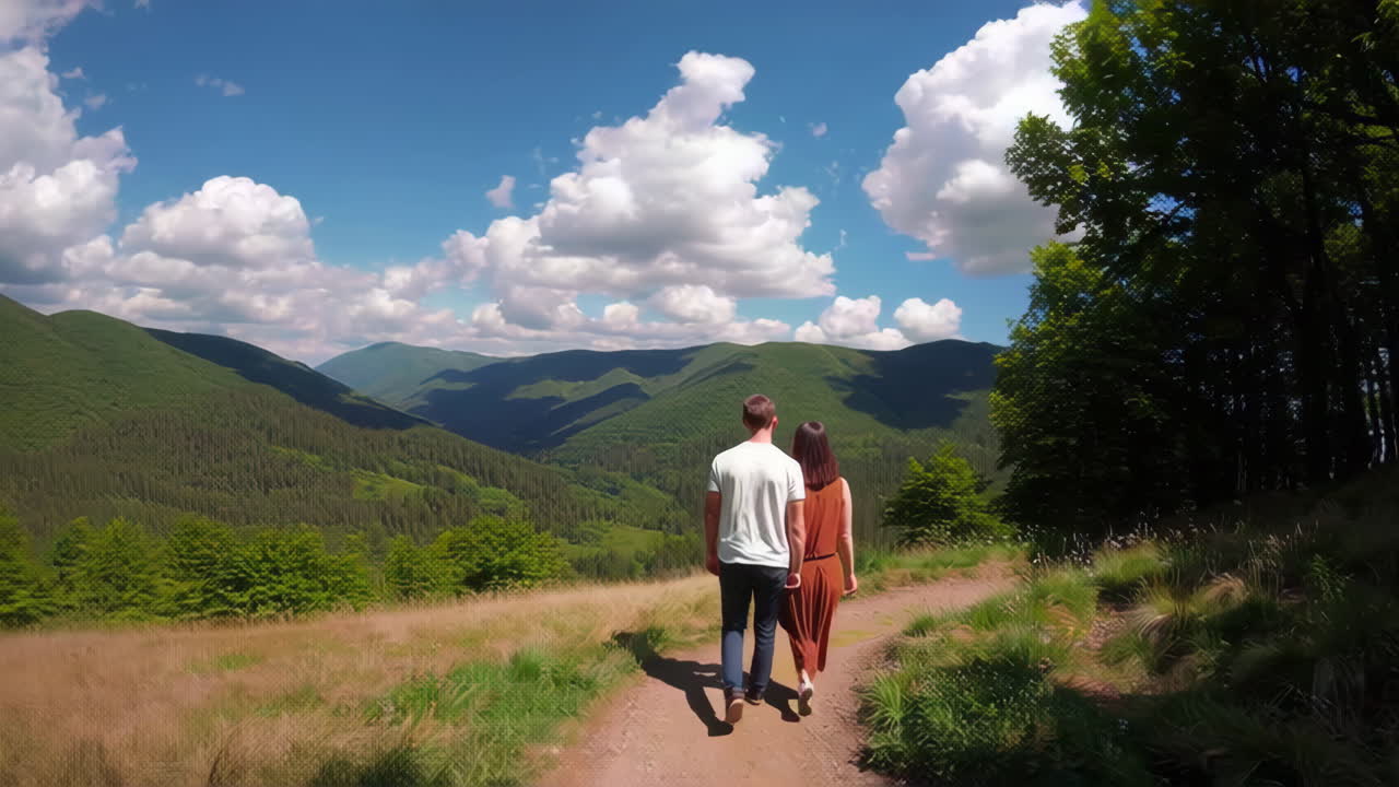 pareja de senderismo en las montañas