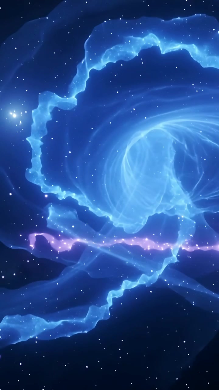Video verticale: Nebulosa blu luminosa alla deriva che si rimodella nello spazio, con una fessura rosa che emerge e provoca increspature.