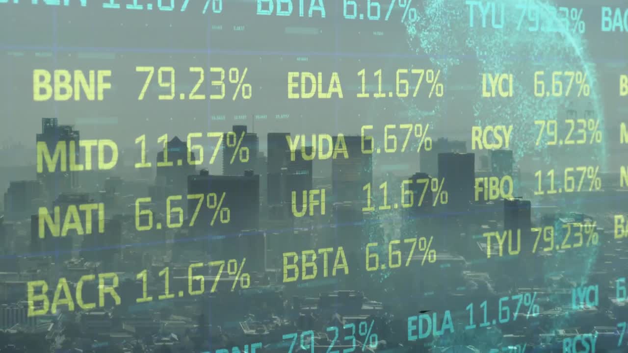 Animation of financial data processing over cityscape