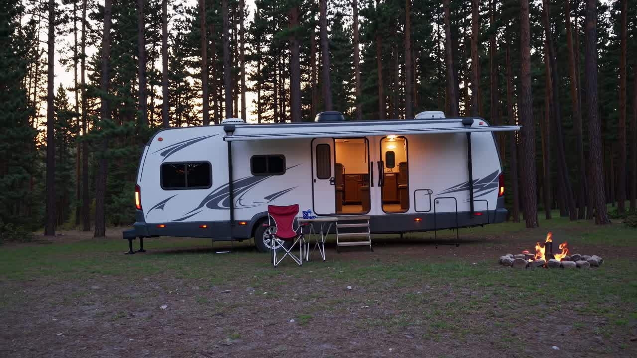 Wide-angle shot of a cozy RV parked in a forest clearing at dusk, with a campfire and chairs