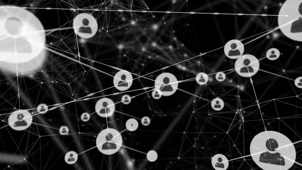 Icone utente connesse, animazione di interazione sui social media su sfondo scuro