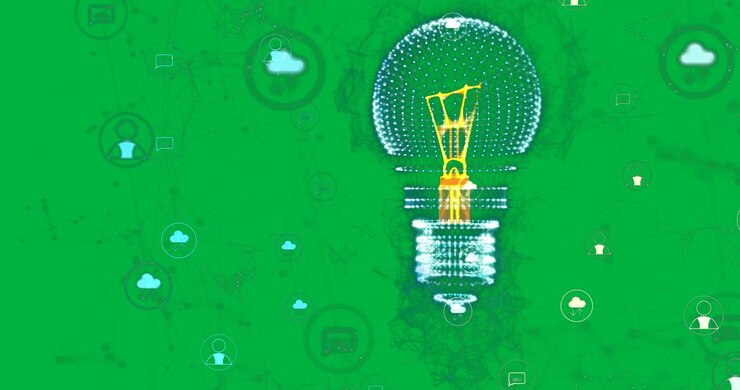 Animazione di una lampadina e di una rete di icone digitali su sfondo trasparente.