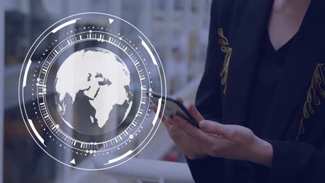 animation of globe and data processing over caucasian woman using smartphone