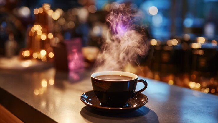 Accattivante primo piano di una tazza di caffè fumante sul bancone di un bar con luci sfocate che creano un'atmosfera accogliente, enfatizzando perfettamente il rito mattutino di assaporare una bevanda appena preparata
