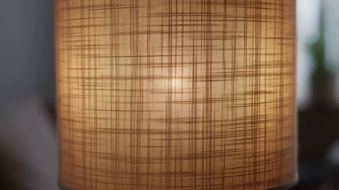 A close-up of a glowing lampshade with a textured fabric