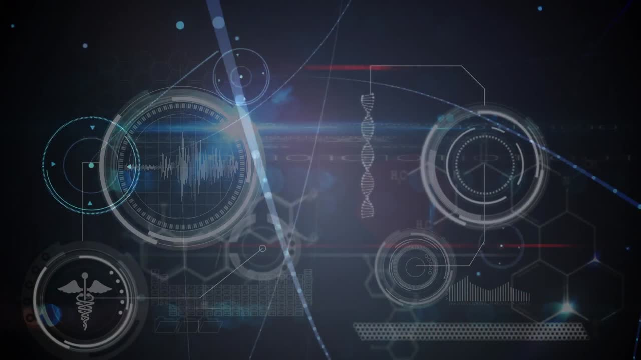 검은 바탕 위의 연결 네트워크와 의료 데이터 처리의 애니메이션