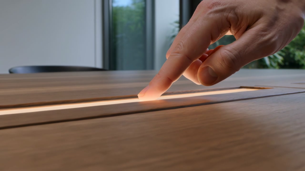 Approaching adult hand sliding fingertip onto lit slot on wood table, checking light, cuff visible