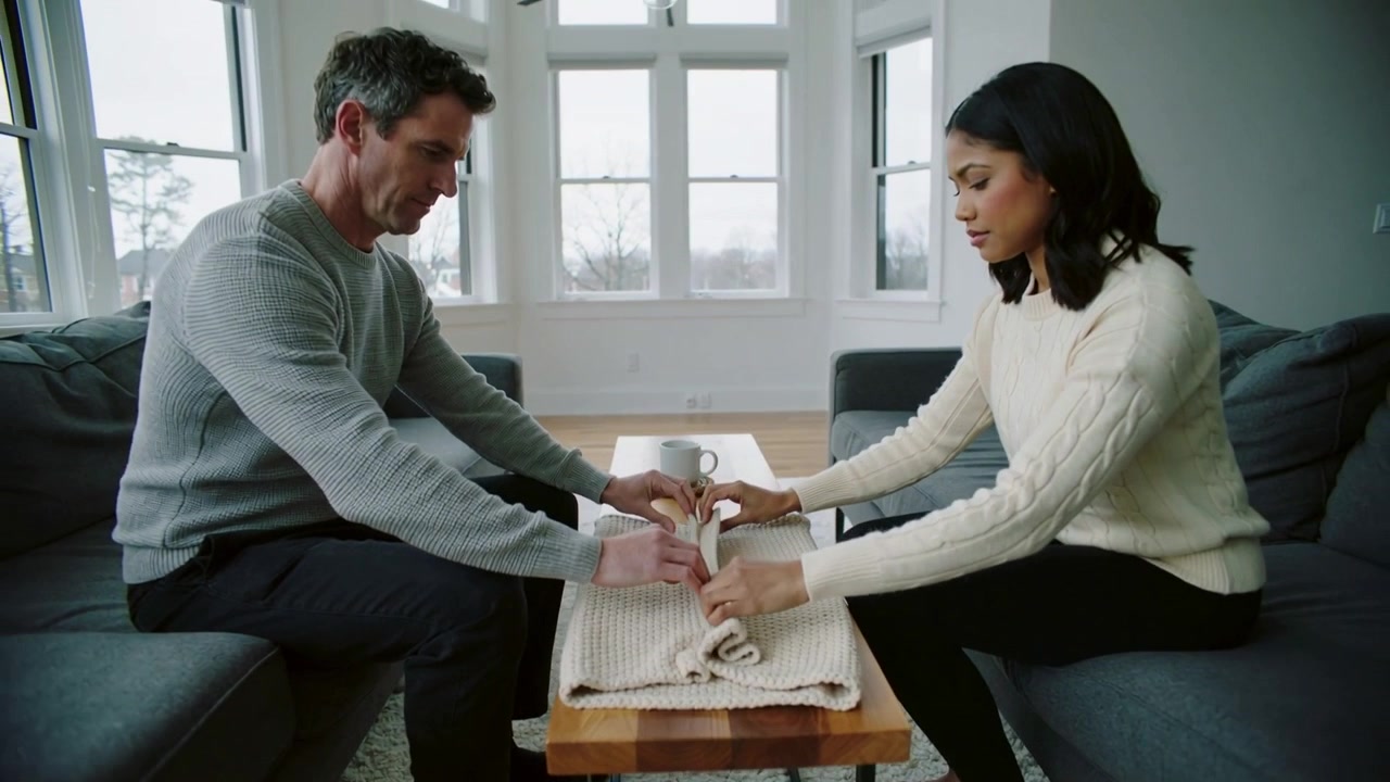 Starting holding blanket, couple folding and rolling it on living room table to flatten