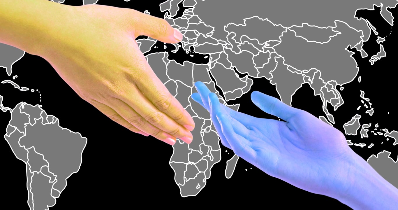 Animazione di una mano umana e una mano blu che si muovono per stringersi la mano sopra una mappa del mondo.