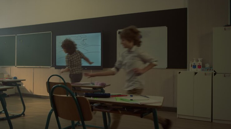 Smilende skolebørn løber i klasseværelset. Elever kommer for sent til timen.