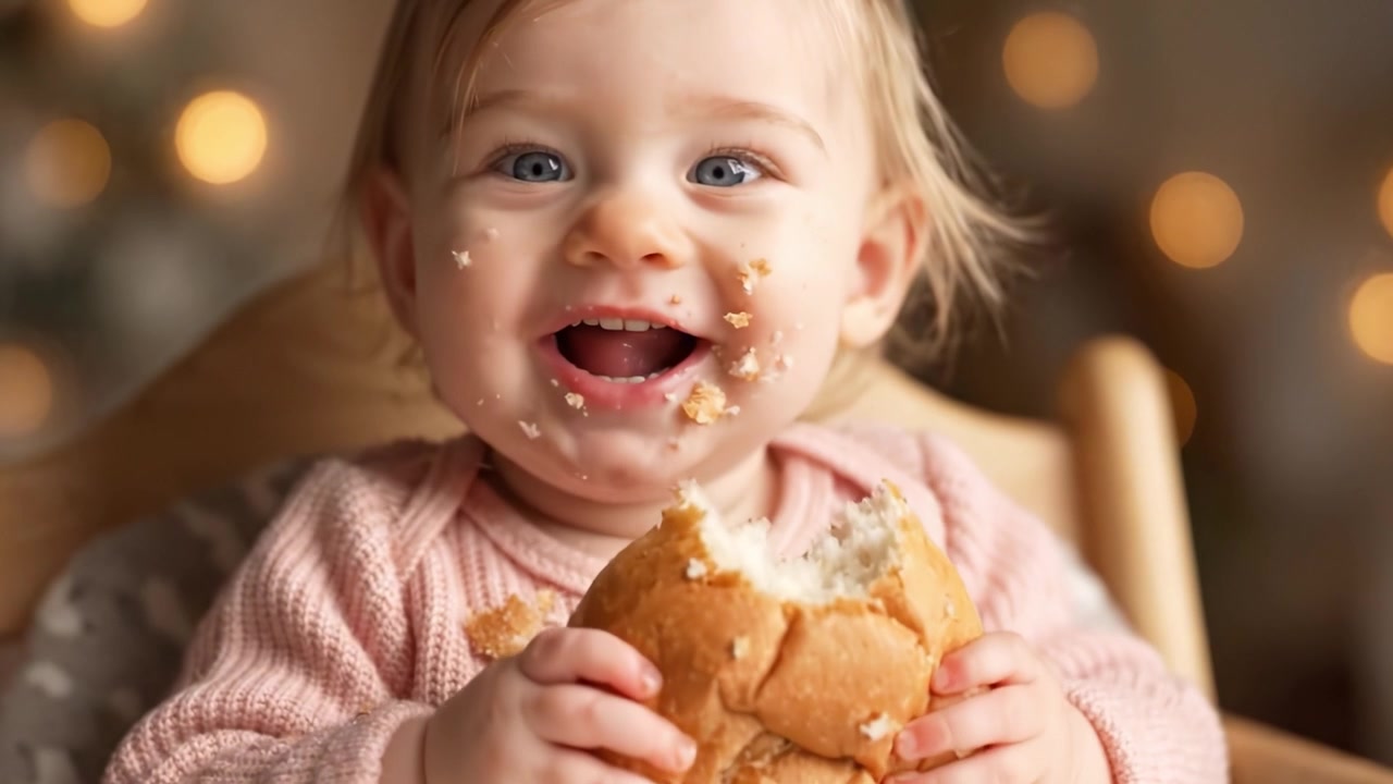 Un Encantador Bebé Disfrutando de un Bollo: Atesorando Dulces Momentos con Comida y Alegría en Casa, Capturando la Inocente Maravilla de la Infancia en un Ambiente Cálido.