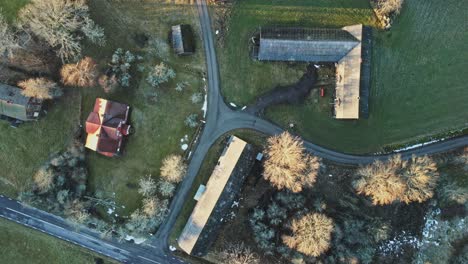 top down aerial of a beautiful small remote town in rural sweden