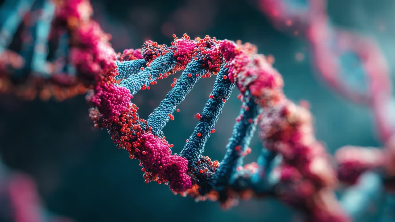 Esplorando la struttura complessa del DNA: una visualizzazione intricata della formazione della doppia elica con nucleotidi vibranti e interazioni molecolari in una straordinaria prospettiva in 3D.