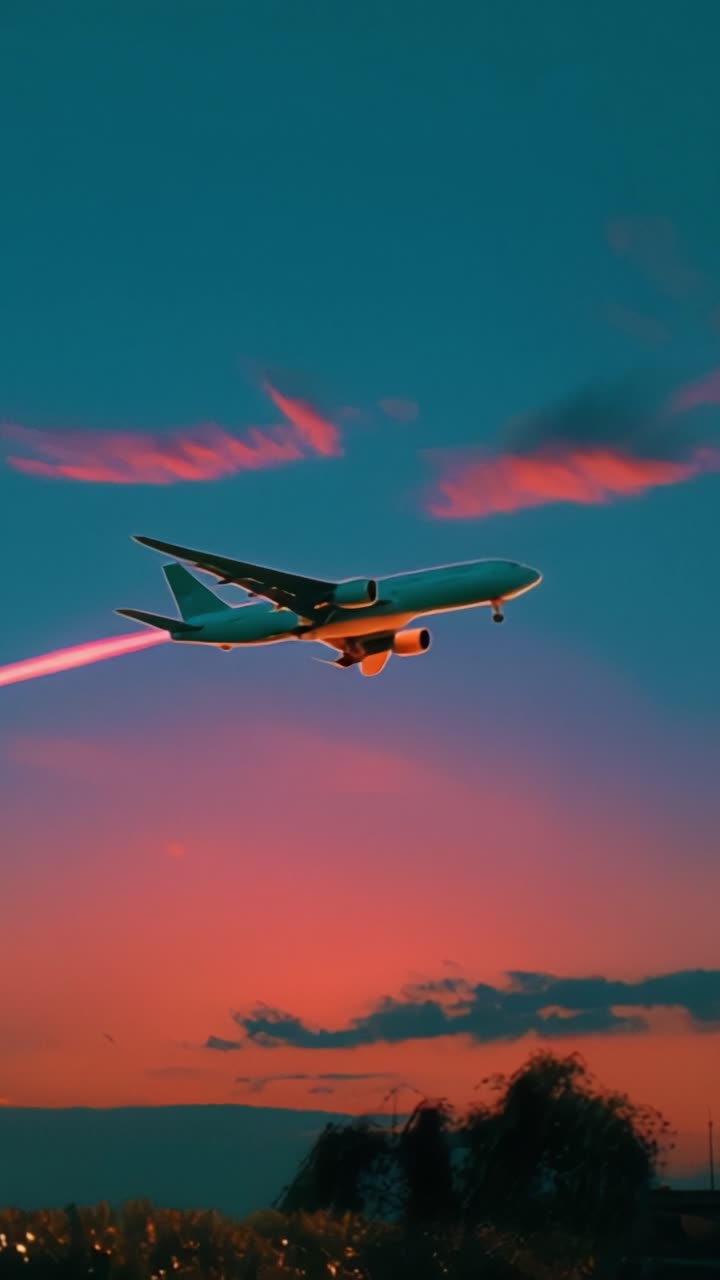 Un Aereo di Linea a Reazione si Libra Attraverso un Cielo Vibrante al Tramonto, Lasciando una Scia di Condensazione Colorata Tra Nuvole Splendide e un Orizzonte Panoramico al Crepuscolo