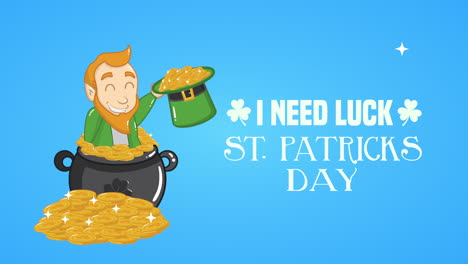tarjeta animada del día de san patricio con elfo y monedas sombrero