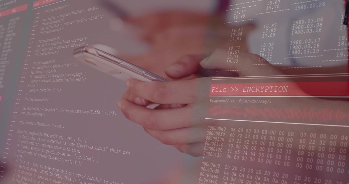 On tapping smartphones, three colleagues holding phones, code drifting showing encryption progress