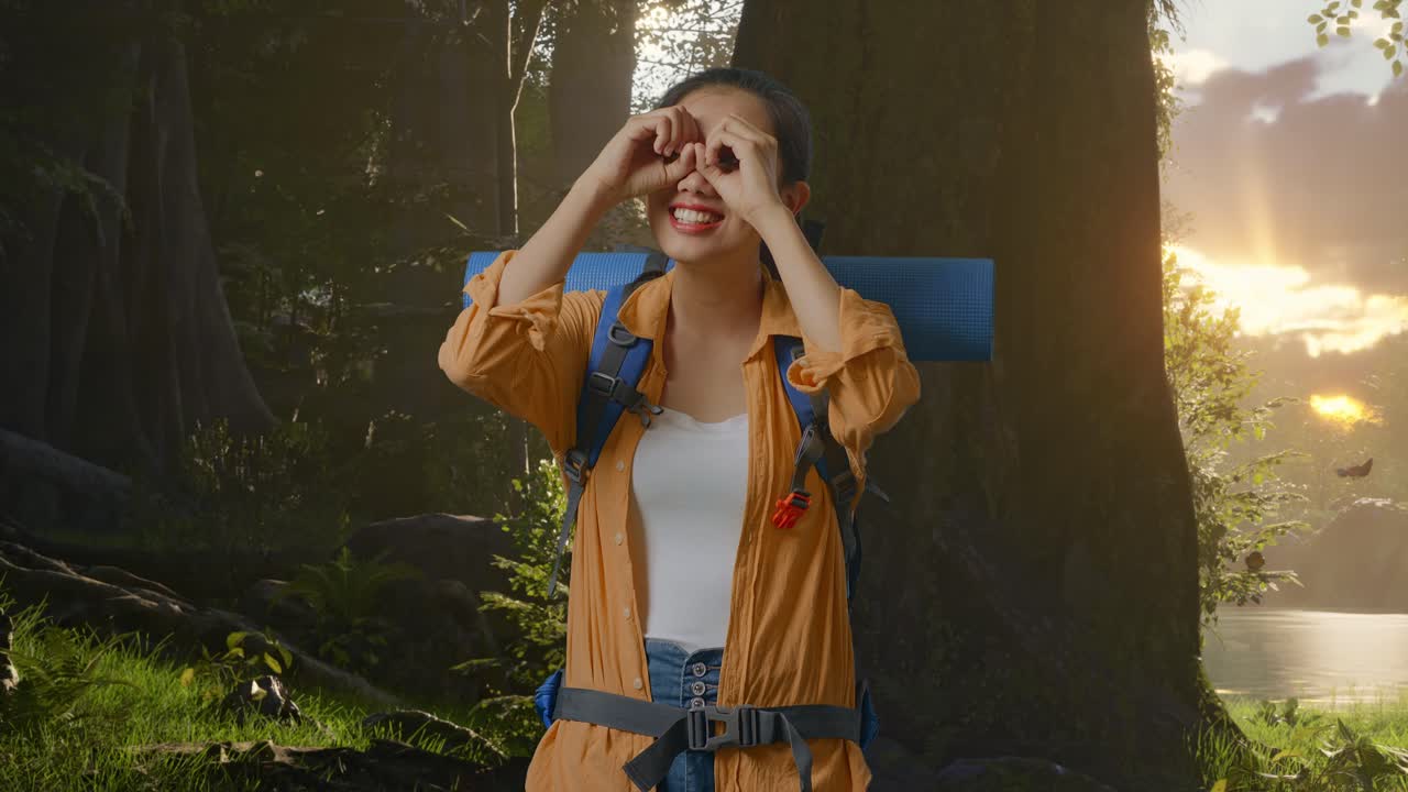 해가 뜨는 동안 숲에서 산책하는 여자