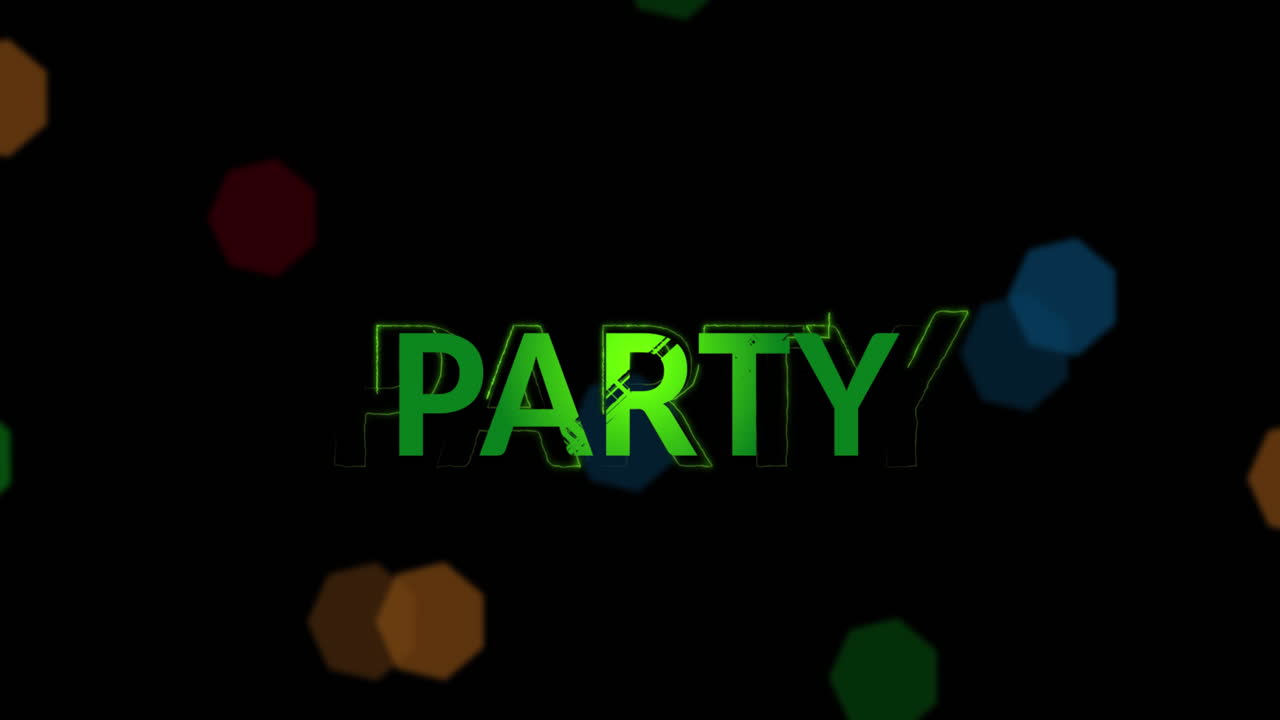 Animation of party text and christmas fairy lights flickering over black background