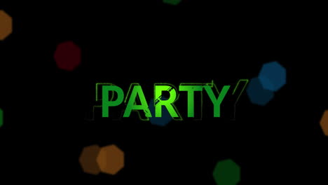 animation of party text and christmas fairy lights flickering over black background