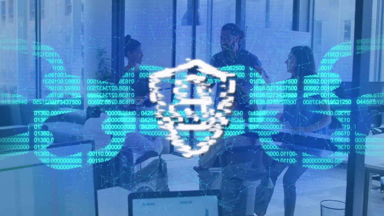 Digital security lock animation over business meeting in modern office setting