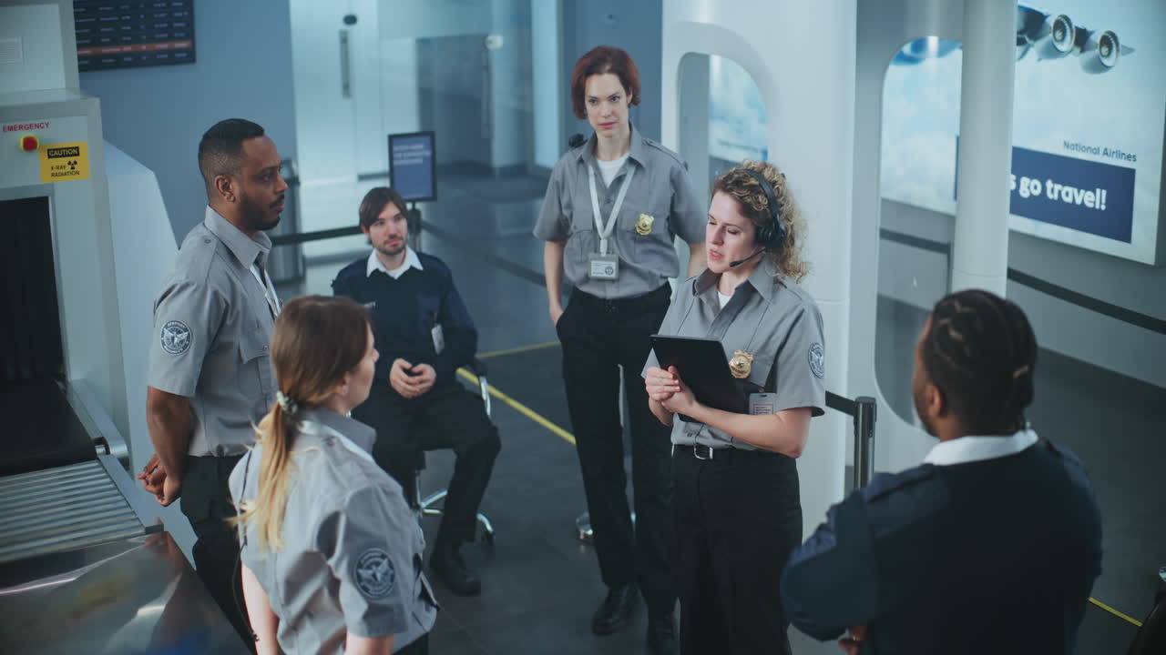 Airport Security Personnel Discussing at Security Checkpoint