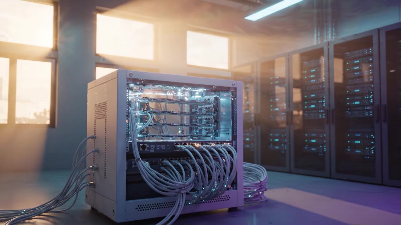 Advanced Networking Infrastructure: A Close-Up View of Cables and Connectors within a Modern Data Center, Showcasing High-Speed Connectivity and Technology Innovations