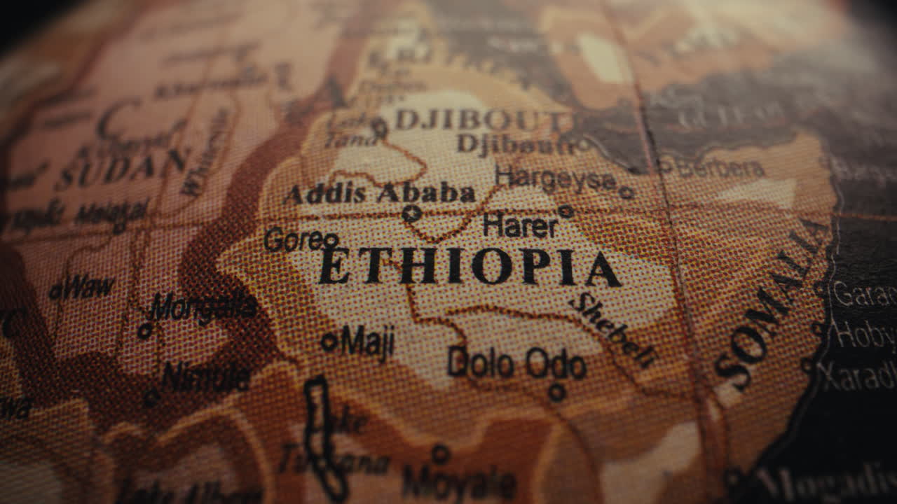 Close-up of a vintage world globe map focusing on Ethiopia and Djibouti