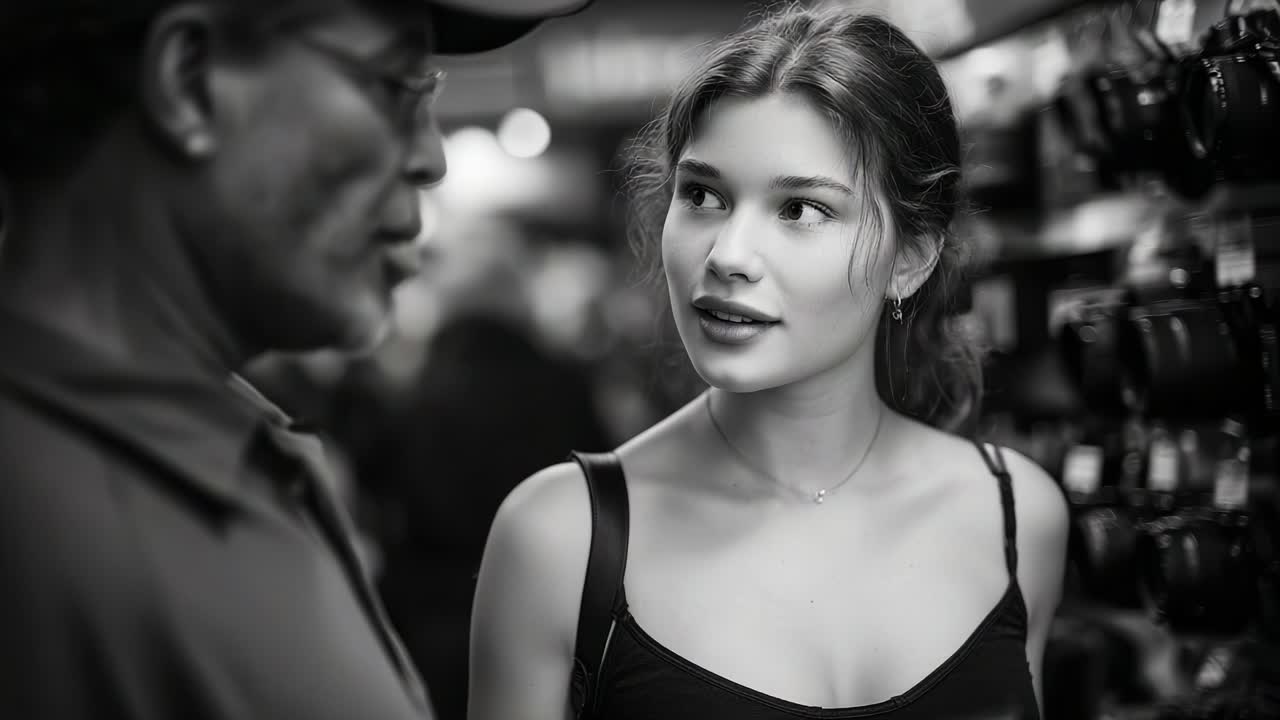 A Thoughtful Interaction Between Two Individuals in a Lively Camera Shop Displaying a Moment of Curiosity and Engagement Captured in Intimate Black and White Imagery