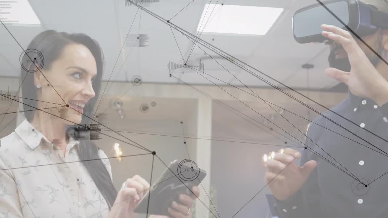 vr 헤드 ⁇ 을 사용하는 비즈니스맨을 통한 연결 네트워크의 애니메이션