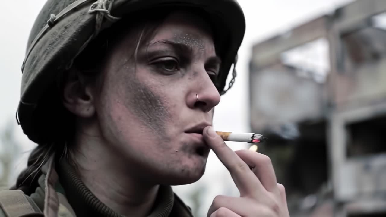 A Resilient Soldier Pauses Amidst Chaos, Smoking a Cigarette While Surrounded by the Ruins of War, Capturing the Essence of Endurance and Reflection in Difficult Times