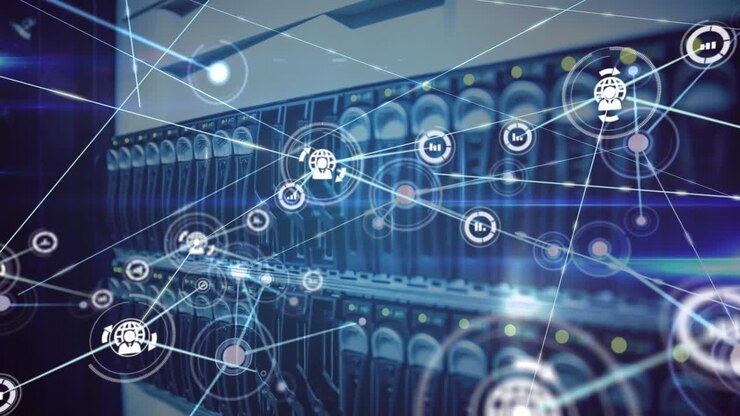 Animation of network of connections with icons and data processing over computer server