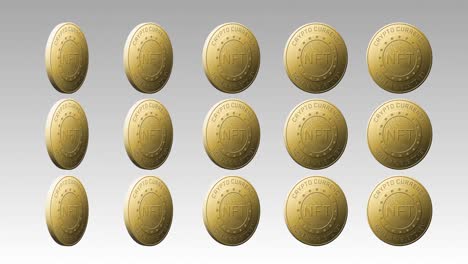 Animation-of-rows-of-golden-nft-coins-spinning-on-grey-background