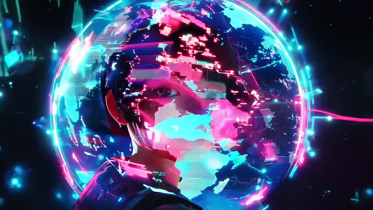 Volto femminile futuristico con Terra digitale e sovrapposizione di dati al neon