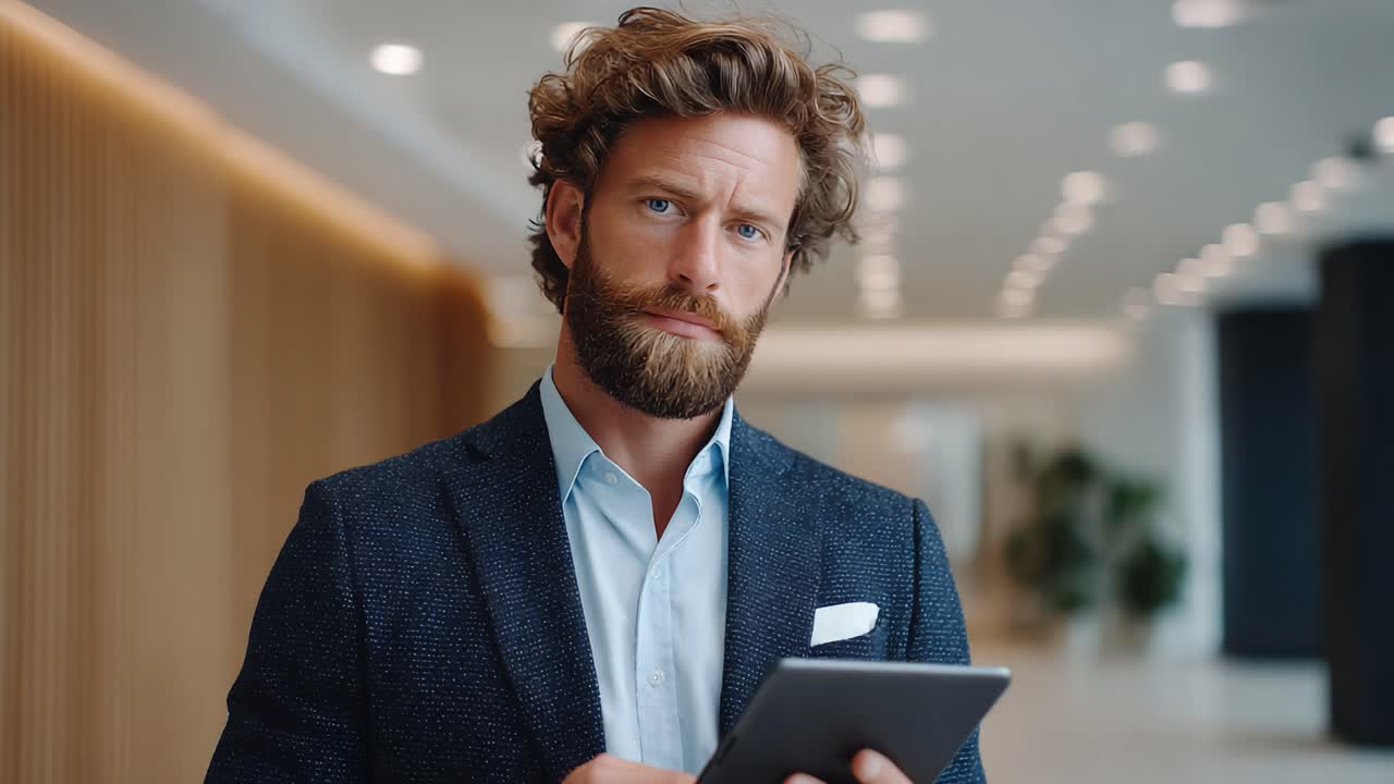 Confident Professional Man Holding a Tablet in a Modern Office Environment, Emphasizing Technology, Style, and Modern Business Communication