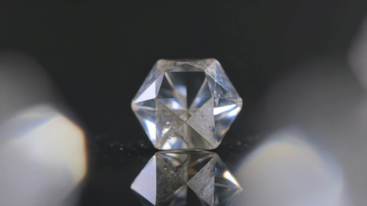 Shifting light causing cut crystal showing glints and mirror on black table with bokeh, showing cut