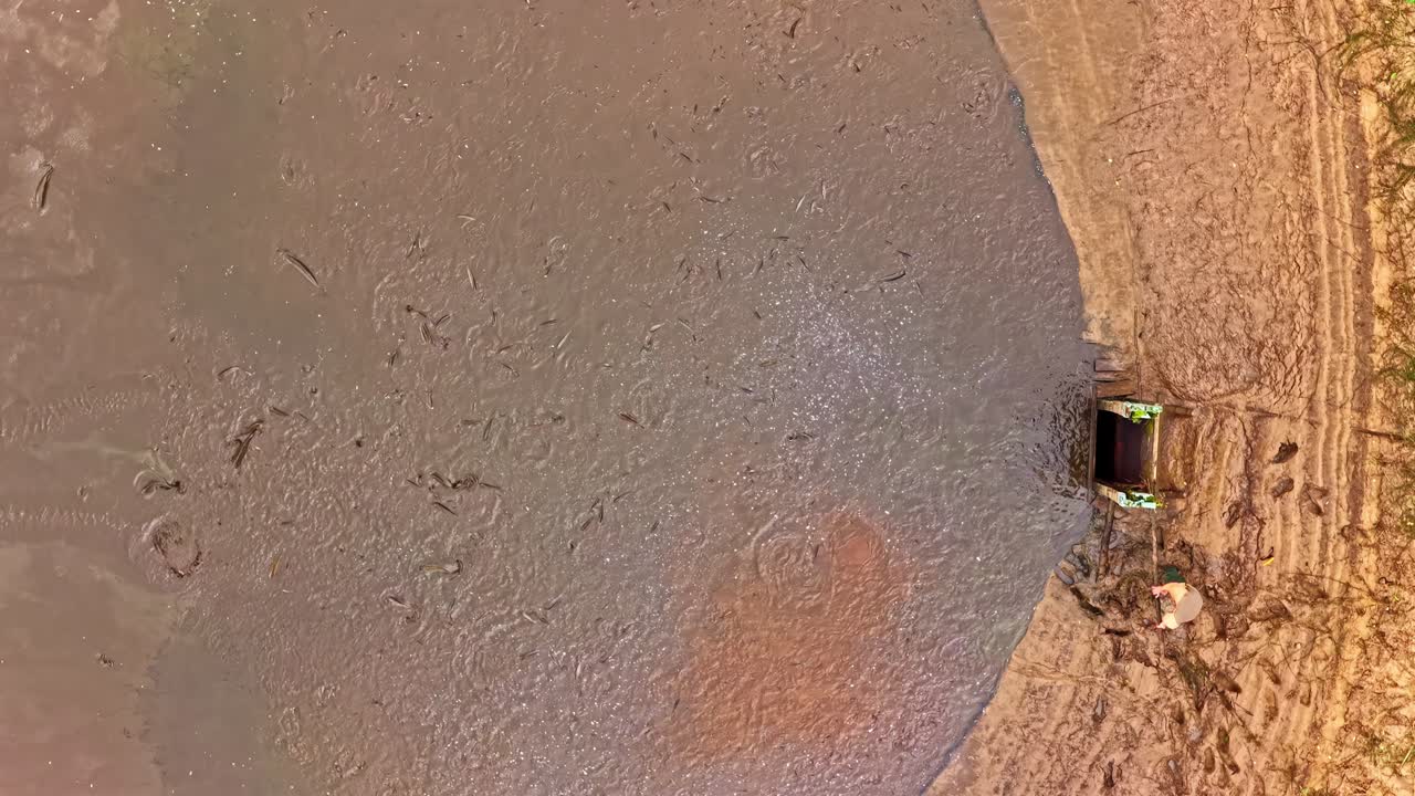 Ripresa aerea con drone di una zona fangosa con un trattore al lavoro, atmosfera industriale e terrosa
