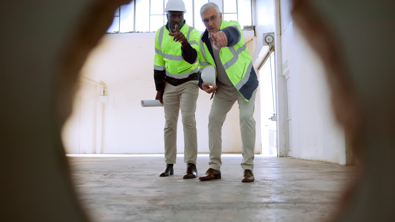 Construction workers in a warehouse