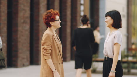 Two-Businesswomen-Shaking-Hands-and-Talking-on-Street