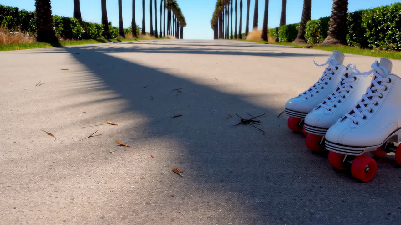 White Roller Skates on a Sunny Pathway Lined with Palm Trees
