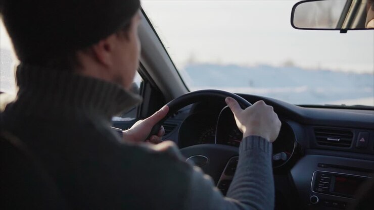 Persona che guida l'auto in inverno