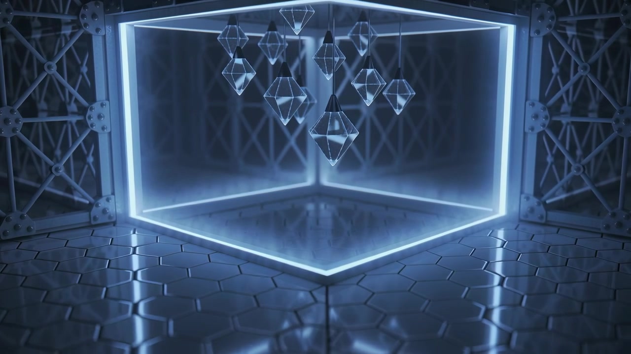 Shifting cube display in chamber with LED edges ramping amber-to-blue, revealing prisms for display
