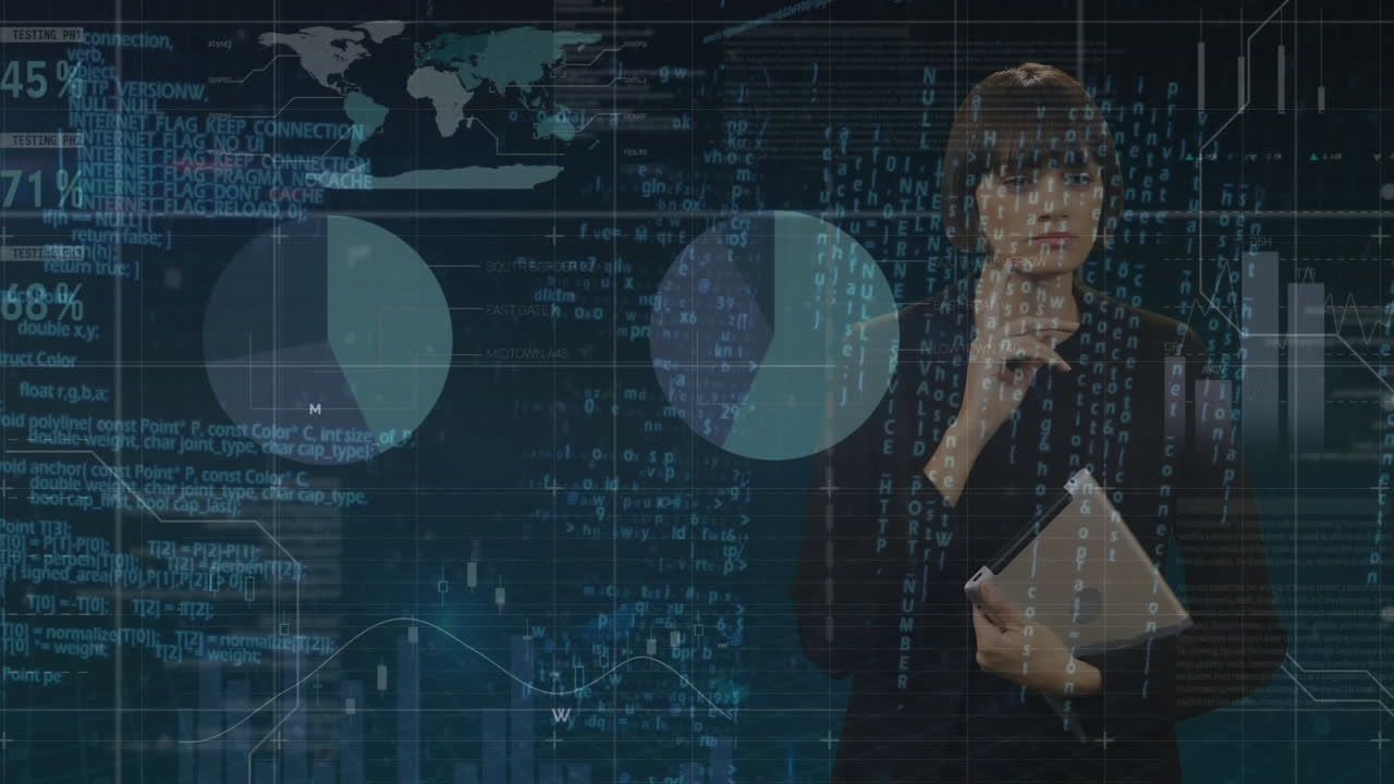 Animasjon av forretningskvinne som bruker berøringsskjermgrensesnitt med diagrammer og databehandling