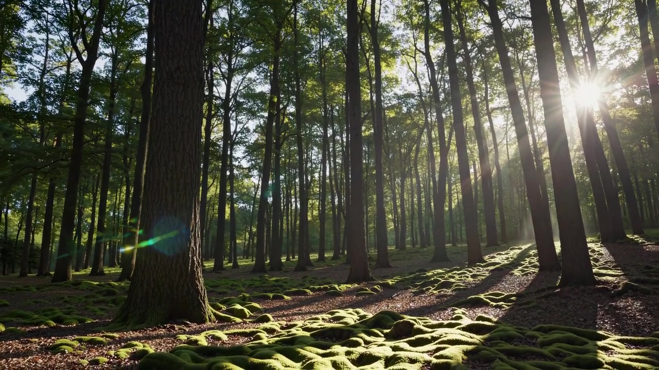 La luce del sole attraversa gli alberi in una foresta lussureggiante