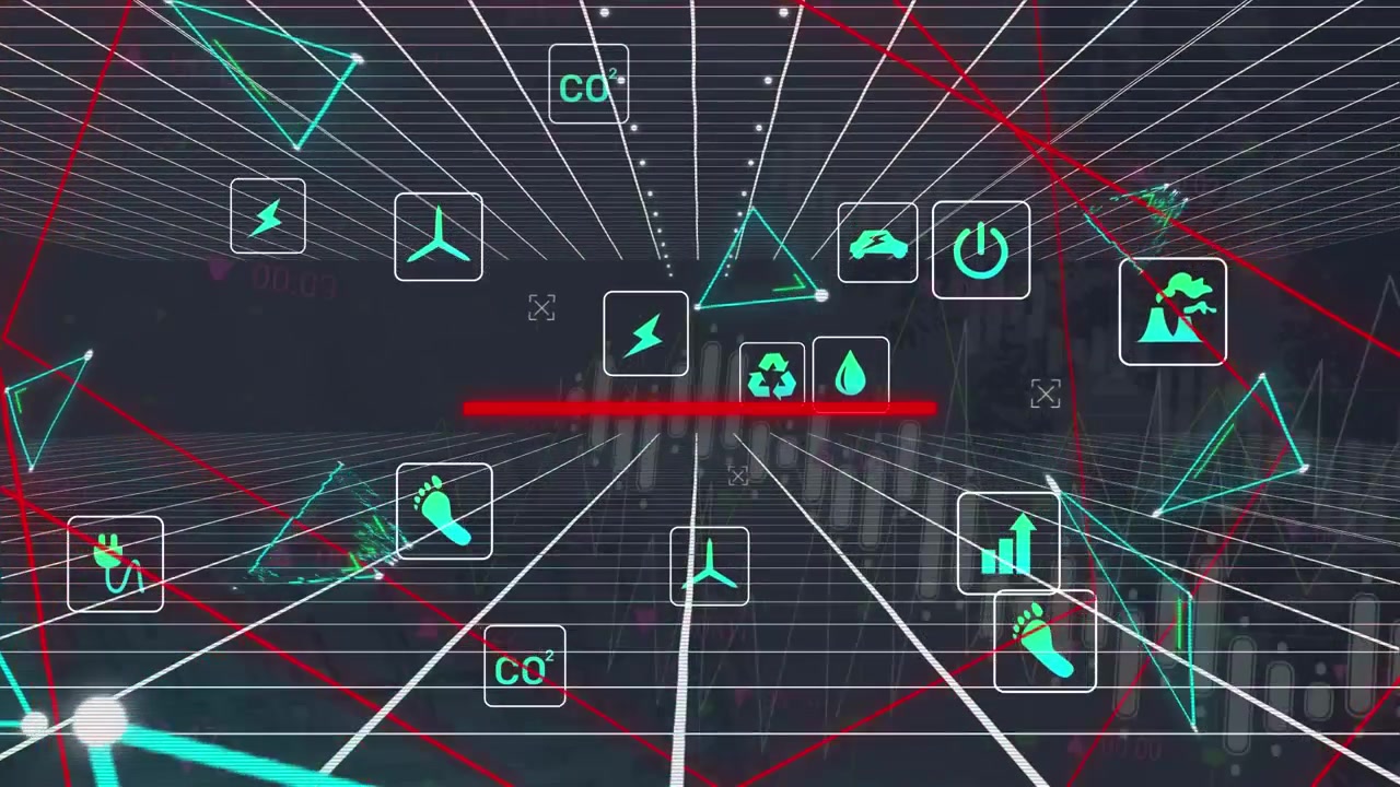 Animation of icons over data processing on black background